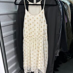 Bohemian Halter Mini Dress Lightweight White w Gold Metallic Crest Print